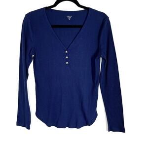 GAP Ribbed Henley Top Womens Size Medium Blue Long Sleeve Y2K Fitted Babydoll